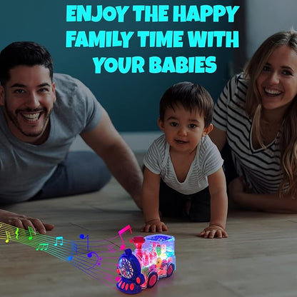 Transparent Train Toy - Fun and Interactive Electric Train Toy for Kids - Music Train with LED Light up - Colorful Moving Gears -Tummy Time Crawling Baby Toys for Boys Girls