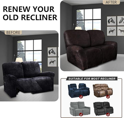 Loveseat Recliner Slipcover Large Size Oversized - 6 Pieces Stretch Leather Like Recliner Sofa Cover for 2 Seat Dual Reclining Loveseat Couch Furniture Protector (Chocolate)