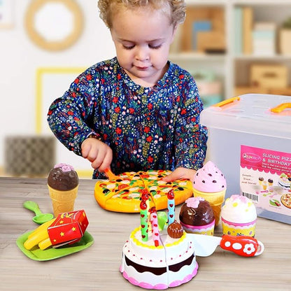 FUNERICA Play Food Goodies Set with Storage Box - Features Cutting Pizza, Ice Cream, Toy Birthday Cake, Fries, Dessert – Pretend Kitchen Toys for Toddlers, Boys, Girls
