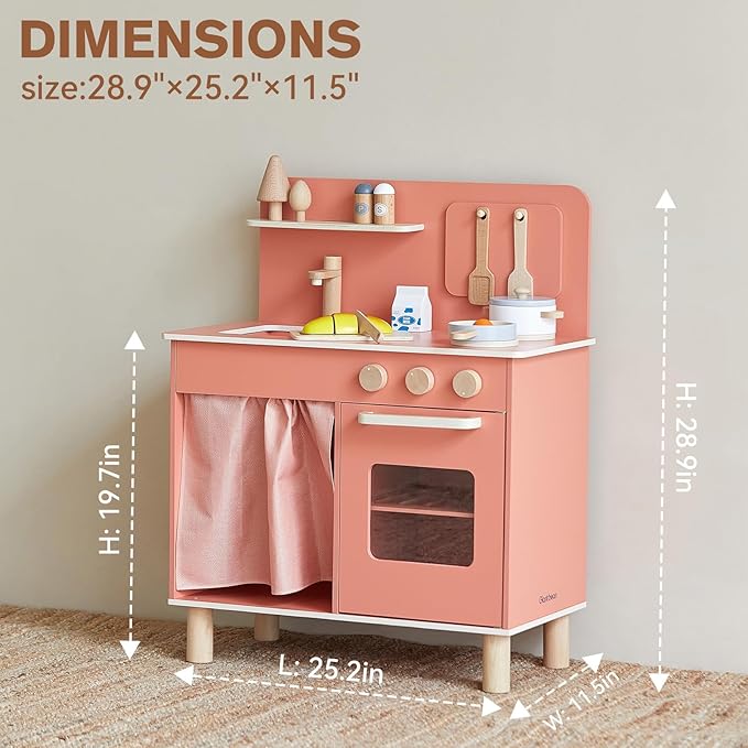 Giant bean Wooden Play Kitchen, Nordic Play Kitchen for Toddlers 1-3, with Cookware Accessories, Pretend Cooking Food Set for Toddlers Boys & Girls