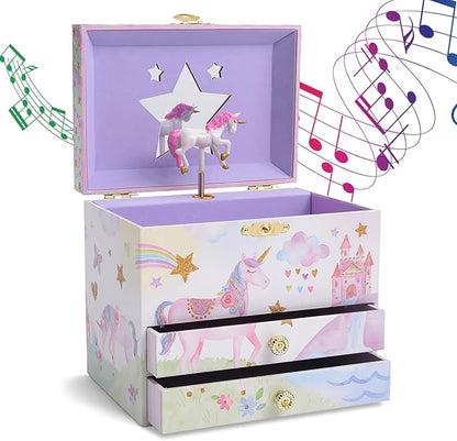 Jewelkeeper Enchanting Unicorn Musical Jewelry Box for Girls - Sparkling Rainbow Design Music Box with 2 Pullout Drawers to Store Earrings, Necklace and Bracelets - Plays The Beautiful Dreamer Tune