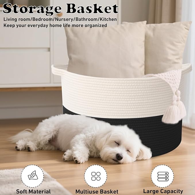 115L Large Blanket Basket,23.6" L x 23.6" W x 15.7" H Rope Woven Baskets with Handles, Toys Storage Bins,Laundry Basket Perfect for Living Room, Nursery,Bedroom,Home Organization,White&Black