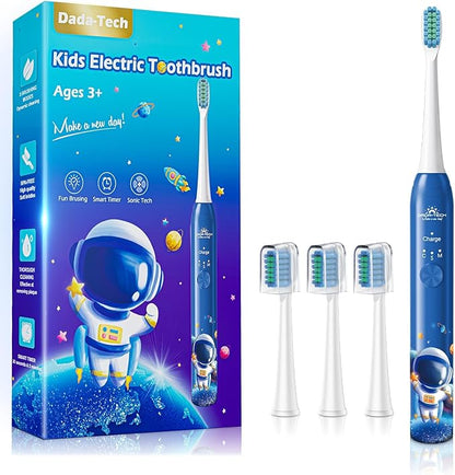 Kids Electric Toothbrush Rechargeable Age 3-5-6-12-18 Year Old, Childrens Electric Toothbrush with Timer 3 Modes 4 Vibrating Heads Habit Stickers 31000VPM Boys Electric Toothbrush (Astronaut Blue)