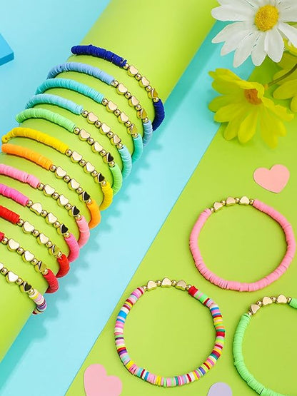 Sureio 24 Pcs Colorful Friendship Bracelets Heart Bracelets Surfer Bracelets Stretch Beaded Kids Bracelet for Girls Women Valentine's Day Gifts Tween Girl Party Favors