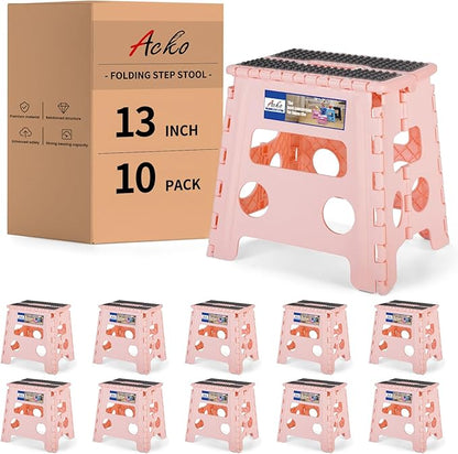 ACKO 10pack Folding Step Stool 13 Inch Stool Heavy Duty Plastic Foldable Step Stools for Kids, Stepping Stool with Handle, Folding Stool Suitable for Kitchen Hold Up to 300 LB (Sakura Pink)