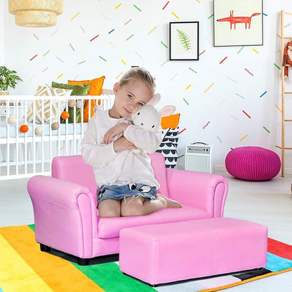Costzon Kids Couch with Footstool, 2 in 1 Double Seat Children's Sofa w/PU Leather Surface, Armrest Chair Lounge, Soft Kids Sofa for Preschool Bedroom Kids Room Toddlers Boys Girls Birthday (Pink)