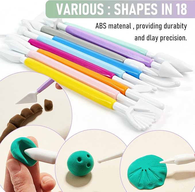 Clay Tools 18PCS Air Dry Clay Double-Ended Tool Kit Plastic Clay Sculpting Tools Set for DIY Pottery, Modeling Molding Polymer Clay