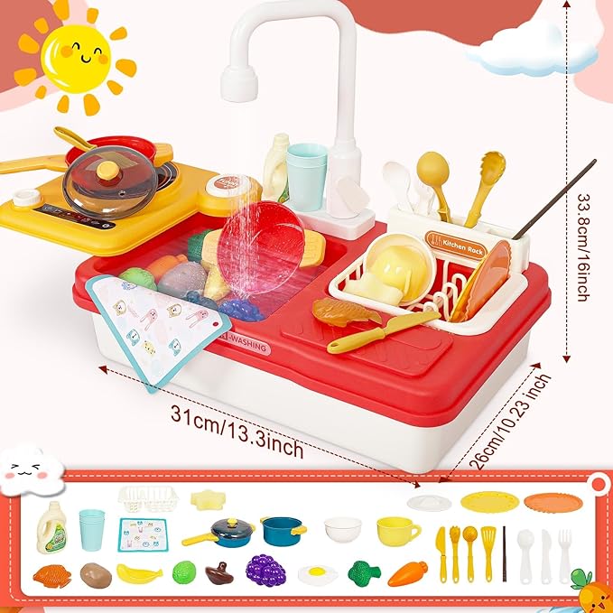 Kids Play Sink with Running Water, Toddler Sink Toy with Running Water with Electric Faucet, Kids Play Kitchen Sink Playset, Kids Play House Pretend Role Play Dishwasher Toy for Boys Girls, Red