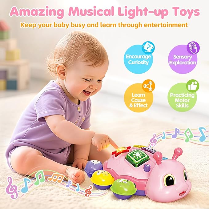 Baby Crawling Toys for 6-12 Months, Musical Toys for Infants 7 8 9 10 11 Months, Early Learning Educational Toy with Sound, Tummy Time Development Toys, Christmas Birthday Gifts for 1 Year Old, Pink