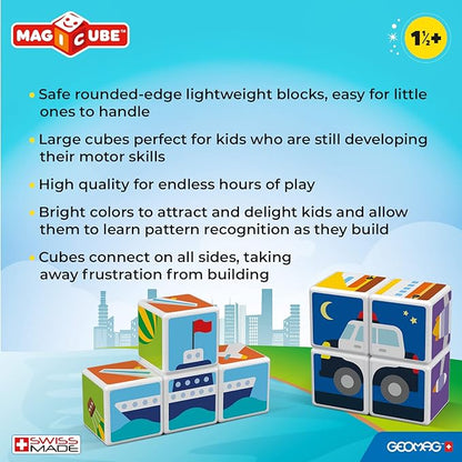 Geomag MagiCube Transport 4-Piece Magnetic Stacking Cubes Building Set, Toddlers & Kids Ages 1.5 and Up, STEM Educational Toy, Swiss-Made, Creativity, Imagination, Learning, 6 Adorable Building Ideas