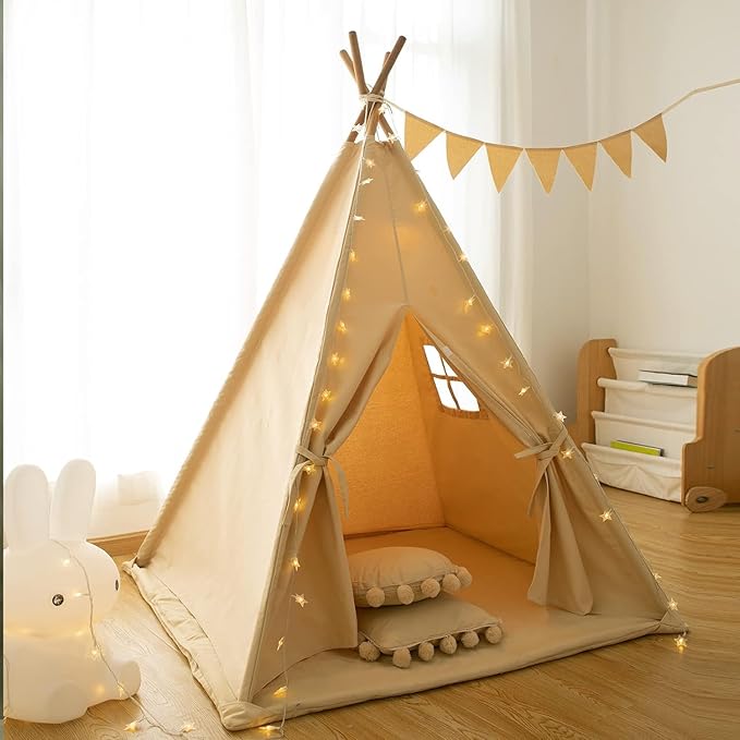 RongFa Teepee Tent for Kids-Portable Children Play Tent Indoor Outdoor (Apricot with Mat)