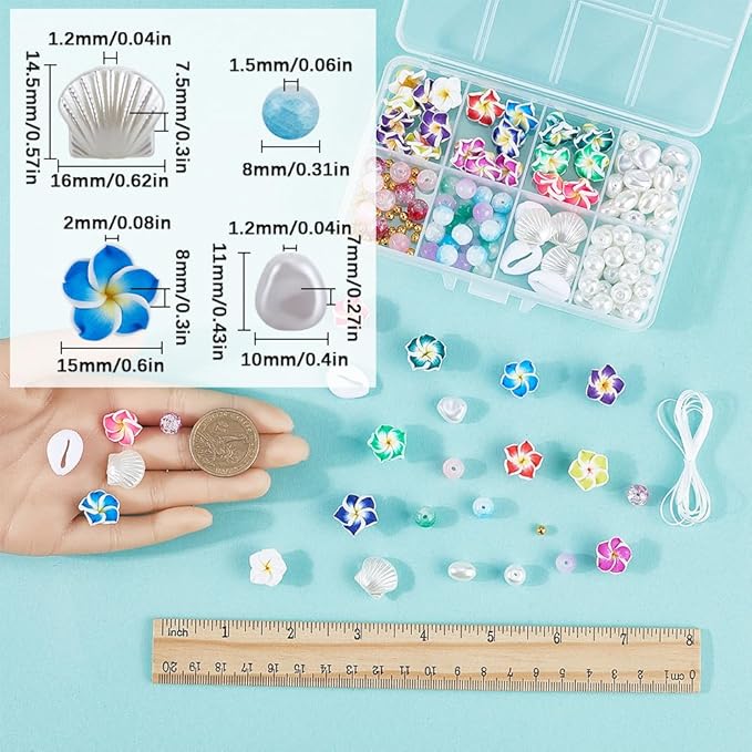 SUNNYCLUE 1 Box 174Pcs DIY 6 Sets Bracelet Making Kit Plumeria Flower Beads Polymer Clay Beads Summer Ocean Hawaiian Shell Bead Imitation Pearl Beads for Jewelry Making Kits Adult Women Gifts Supplies