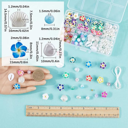 SUNNYCLUE 1 Box 174Pcs DIY 6 Sets Bracelet Making Kit Plumeria Flower Beads Polymer Clay Beads Summer Ocean Hawaiian Shell Bead Imitation Pearl Beads for Jewelry Making Kits Adult Women Gifts Supplies