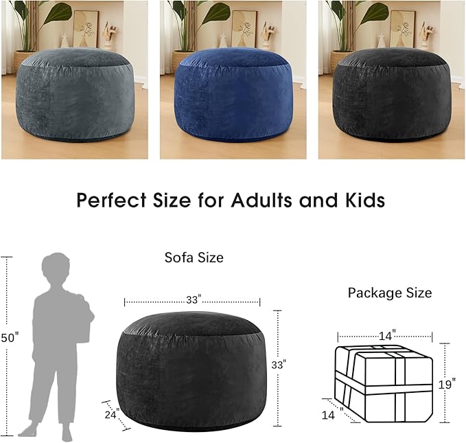 Bean Bag Chairs for Adults - Memory Foam Furniture BeanBag Chair - Kids/Teens Sofa with Soft Micro Fiber Cover - Round Fluffy Couch for Living Room Bedroom College Dorm - 3 ft, Carbon Black