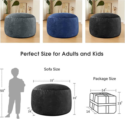 Bean Bag Chairs for Adults - Memory Foam Furniture BeanBag Chair - Kids/Teens Sofa with Soft Micro Fiber Cover - Round Fluffy Couch for Living Room Bedroom College Dorm - 3 ft, Carbon Black