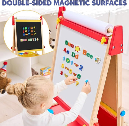 Art Easel for Kids Easel, Adjustable Wooden Kids Drawing Easel with Magnetic Whiteboard & Chalkboard, Kids Dry Erase Board,Easel for Kids Ages 3 4-8 9-12, Red w/Bag