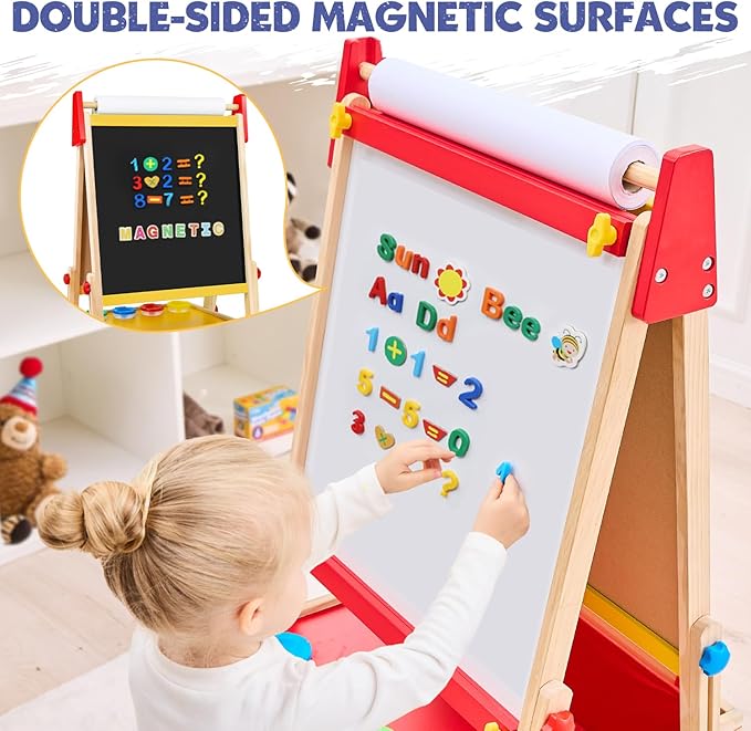 Art Easel for Kids Easel, Adjustable Wooden Kids Drawing Easel with Magnetic Whiteboard & Chalkboard, Kids Dry Erase Board,Easel for Kids Ages 3 4-8 9-12, Red w/Bag