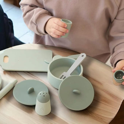 Kids Kitchen Silicone Pretend Toys- 9pcs Play Kitchen Accessories Set with Cookware -Food Grade Silicone -Kids Toy Kitchen Accessories – Pretend Play Kitchen Toy Set for Cooking-Green