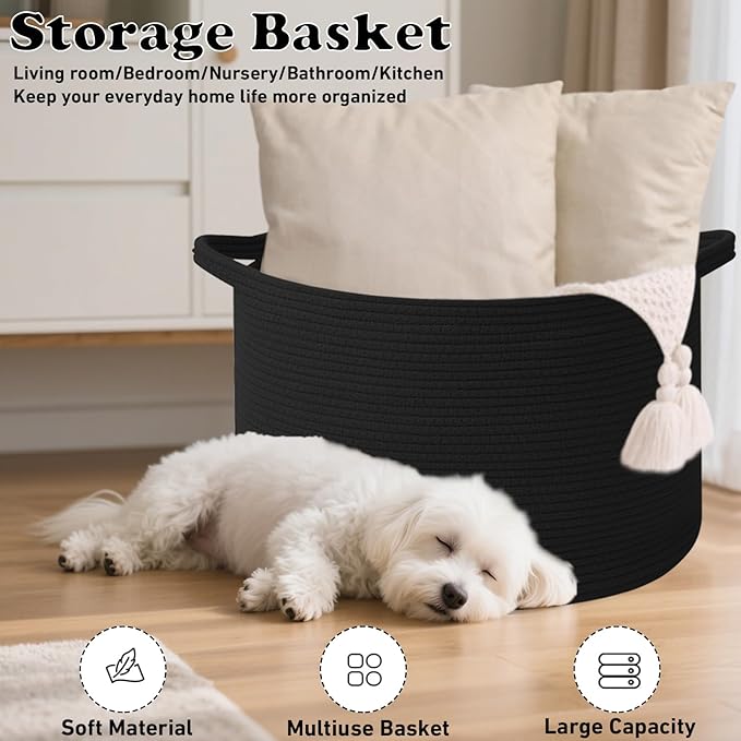 115L Large Blanket Basket,23.6" L x 23.6" W x 15.7" H Rope Woven Baskets with Handles, Toys Storage Bins,Laundry Basket Perfect for Living Room, Nursery,Bedroom,Home Organization,Black