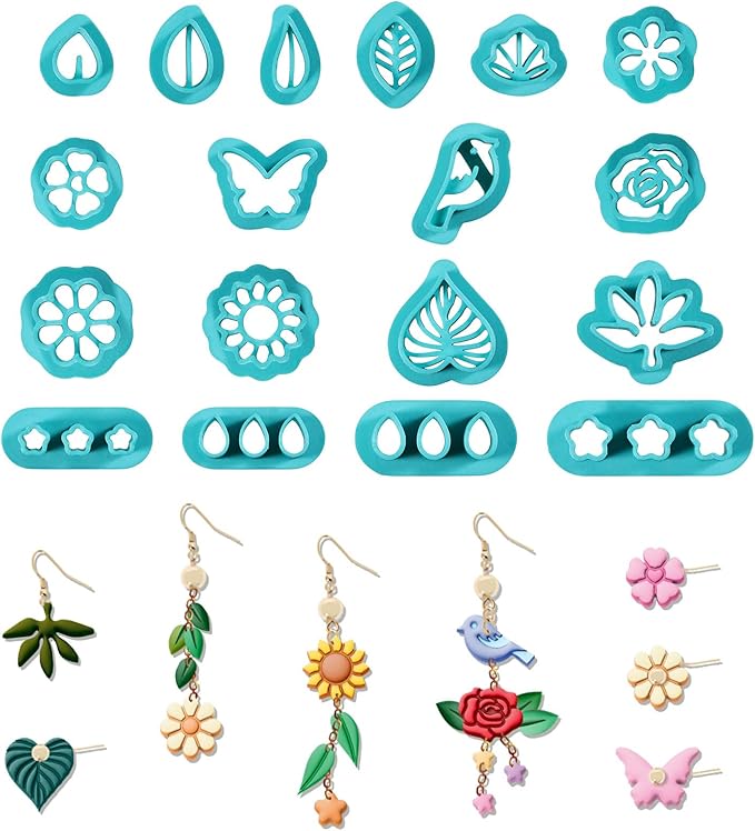 ORIGACH 18 Pcs Spring Polymer Clay Cutters，Floral & Leaf Design Clay Cutters for Polymer Clay Jewelry Earrings with a Clear Storage Box