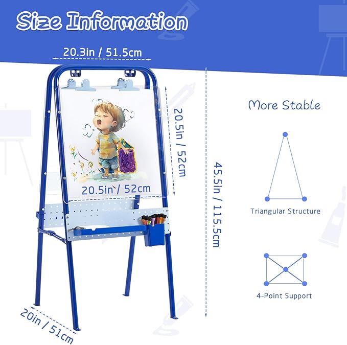 FUNLIO Foldable Outdoor Easel for Kids Aged 3+, Waterproof & Sunproof Kids Easel with 2 Acrylic Boards, Double-Sided Kids Easel with 21 pcs Accessories, Portable & Stable - Blue