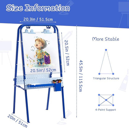 FUNLIO Foldable Outdoor Easel for Kids Aged 3+, Waterproof & Sunproof Kids Easel with 2 Acrylic Boards, Double-Sided Kids Easel with 21 pcs Accessories, Portable & Stable - Blue