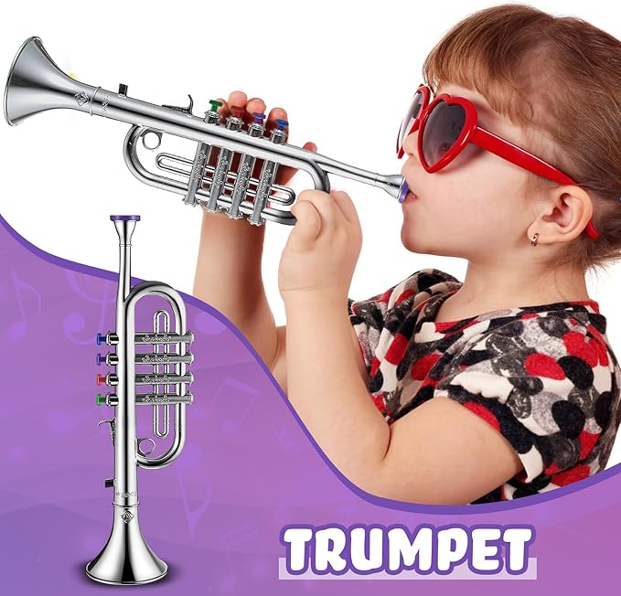Lewtemi Silver Trumpet Musical Instruments Toy for Kid Toddler Fake Plastic Preschool Music Toy Gift Portable Wind Instrument Early Educational Teaching Songs Gifts for Toddlers Children