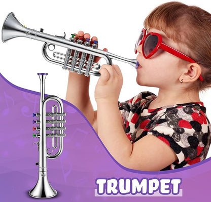 Lewtemi Silver Trumpet Musical Instruments Toy for Kid Toddler Fake Plastic Preschool Music Toy Gift Portable Wind Instrument Early Educational Teaching Songs Gifts for Toddlers Children