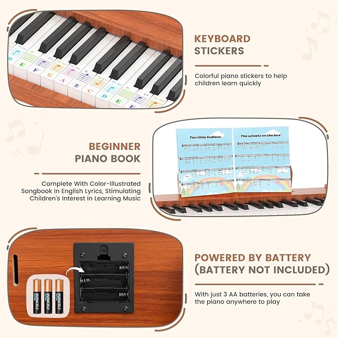 Kids Piano Keyboard, 37 Keys Wooden Digital Piano for Kids, Mini Baby Piano Toy, Music Educational Instrument Toy for 2+ Girls and Boys (Brown)