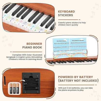 Kids Piano Keyboard, 37 Keys Wooden Digital Piano for Kids, Mini Baby Piano Toy, Music Educational Instrument Toy for 2+ Girls and Boys (Brown)