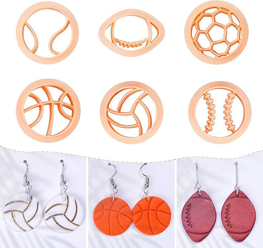 Puocaon Sports Polymer Clay Cutters - 6 Shapes Sports Balls Clay Cutters for Polymer Clay Earrings Making, Football Baseball Shapes Polymer Clay Cutters for Jewelry Making, Sports Clay Cutters Set
