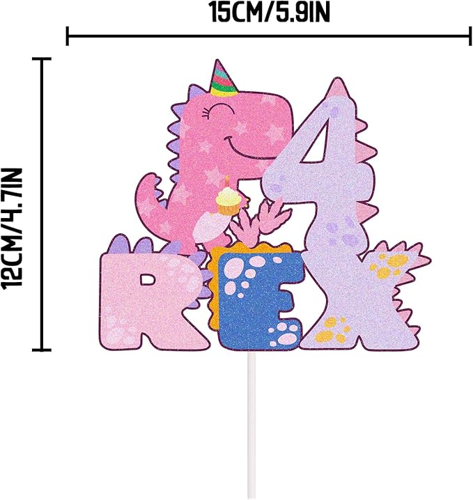 Pink Dinosaur Cake Toppers,Dinosaur 4 Rex Cake Topper, Four Rex Birthday Decorations for Girl Dinosaur 4 Years Old Birthday Party Supplies