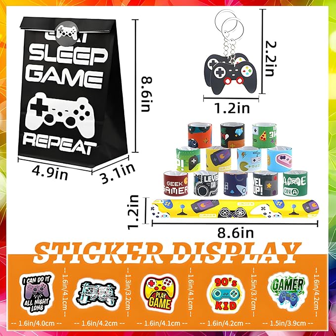 110 Pcs Video Game Party Favors, Gamer party Favors - 12 sets of Gaming Birthday Goodie Bags Included Gift Bags, Game Keychain, Slap Bracelet, Stickers, Ring, Hand Strap for Gaming Kids