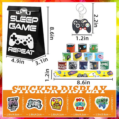 110 Pcs Video Game Party Favors, Gamer party Favors - 12 sets of Gaming Birthday Goodie Bags Included Gift Bags, Game Keychain, Slap Bracelet, Stickers, Ring, Hand Strap for Gaming Kids