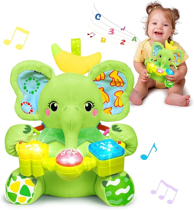 Holaxander Baby Elephant Musical Stuffed Animals Toy with Light-Up Music & Crinkle Sound Paper,Infant Bilingual Early Learning Education Toys,Tummy Time Toys for 0-3-6-12+ Months Boy Girl, Green