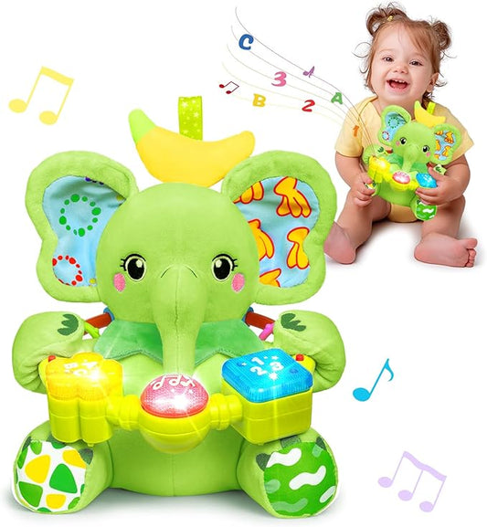 Holaxander Baby Elephant Musical Stuffed Animals Toy with Light-Up Music & Crinkle Sound Paper,Infant Bilingual Early Learning Education Toys,Tummy Time Toys for 0-3-6-12+ Months Boy Girl, Green