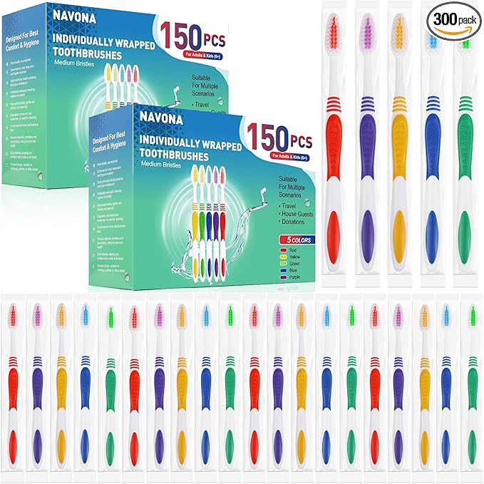 Navona 300 PCS Bulk Toothbrush Pack, Premium Individually Wrapped Disposable Toothbrush, Soft Toothbrush for Adult or Kid, Ergonomics Handle, Soft Bristle Toothbrush, Perfect for Travel,Hotel,Donation
