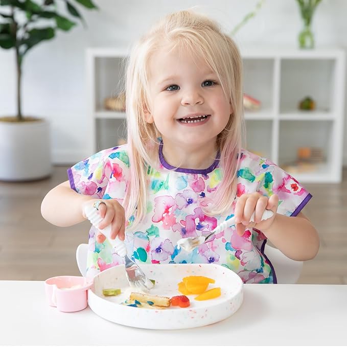 Bumkins Toddler Utensils, Kids Size Fork and Spoon Set, Silicone and Stainless-Steel Training Silverware, Angled Forks/Sporks Feeding, Children Hold Learning to Eat, 18 Mos Up, Vanilla Sprinkles