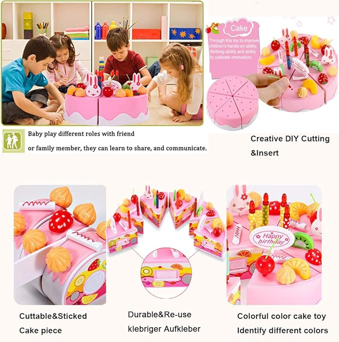 38 PCS DIY Cutting Birthday Party Cake Toy Pretend Play Kitchen Food Toys Set,DIY Fruit Cutting Kitchen Toys Pink/Blue Cut Cake Toys for Girls Boys Gift (38PCS Pink)