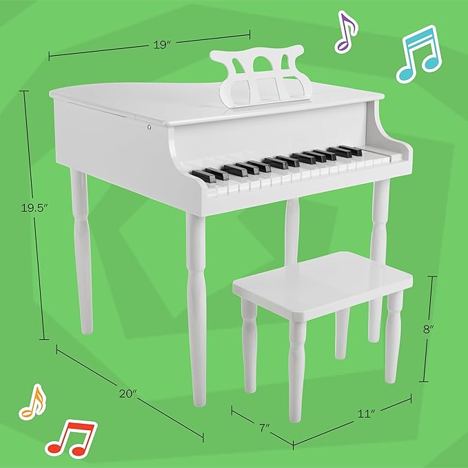Kids Piano - 30 Key Mini Grand Piano with Music Stand, Bench, and Note Stickers - for Beginners - Instruments for Kids by Hey Play (White)