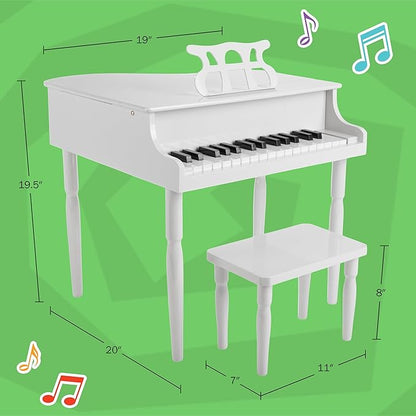 Kids Piano - 30 Key Mini Grand Piano with Music Stand, Bench, and Note Stickers - for Beginners - Instruments for Kids by Hey Play (White)