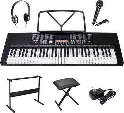 Saturnpower 61-Key Portable Electronic Keyboard Piano with Built In Speakers, Headphones, Microphone, Dual Power Supply, Piano Stand, Music Sheet Stand and Stool for Beginner (Kid & Adult) Black
