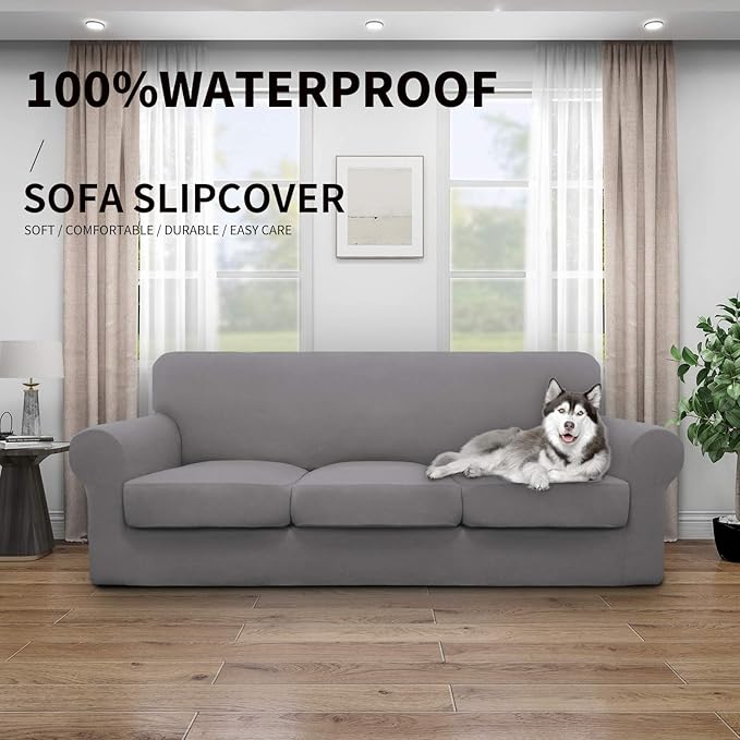 Easy-Going 100% Dual Waterproof Stretch Soft Couch Cover for Dogs, Sofa Slipcover for 3 Separate Cushion Couch Leakproof Furniture Protector for Kids, Pets Light Gray