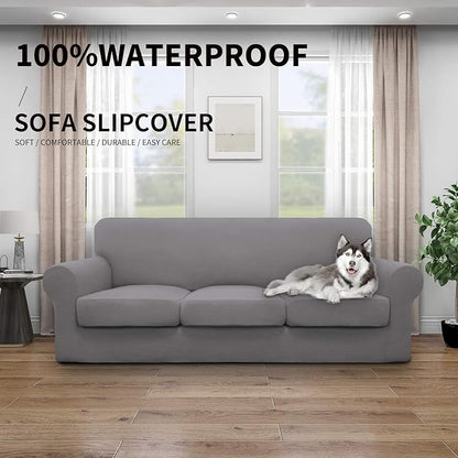 Easy-Going 100% Dual Waterproof Stretch Soft Couch Cover for Dogs, Sofa Slipcover for 3 Separate Cushion Couch Leakproof Furniture Protector for Kids, Pets Light Gray