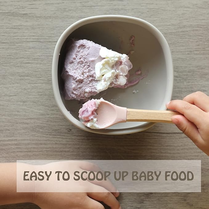 Ginbear Silicone Baby Spoon and Fork Set Self-feeding, Baby Flatware Sets, Toddler Feeding Utensils for Child 6 Months+ (Hazy Green/Almond)