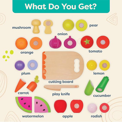 B. toys- Chop 'n' Play - Wooden Fruits & Veggies- Pretend Play Playset- Sliceable Play Food for Toddlers, Kids – Play Knife & Cutting Board – 2 Years +