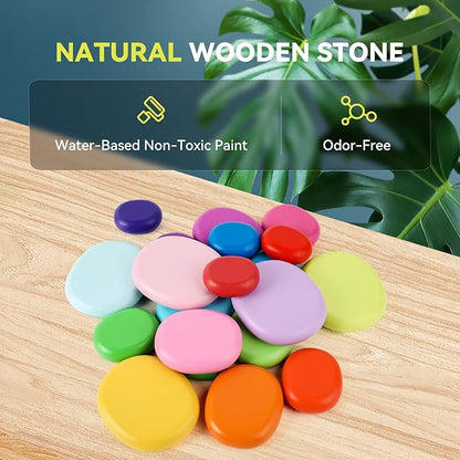 WODI Wooden Rainbow Stacking Stones 20Pcs Wood Sorting Balancing Rocks Blocks Montessori Educational Toys for Toddler Kids 3 Years Up Developing Skills