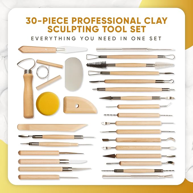 30 Pcs Clay Tools & Pottery Tools Kit, Professional Polymer Clay Sculpting Tools for Air Dry Clay, Ceramics Tools and Modeling Tools, Includes Wire Cutter, Ribbon Tool, Potter’s Rib & Clay Carving Set