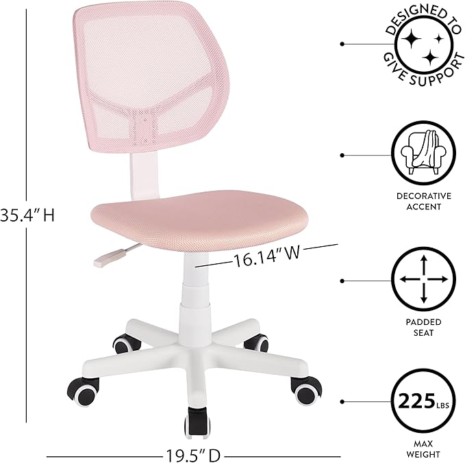Urban Lifestyle Computer Office Rolling Swivel Task Desk Chair with Mesh Backrest and Caster Wheels,Pink with White Legs