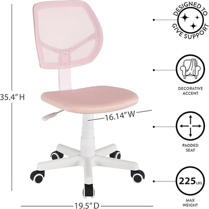 Urban Lifestyle Computer Office Rolling Swivel Task Desk Chair with Mesh Backrest and Caster Wheels,Pink with White Legs